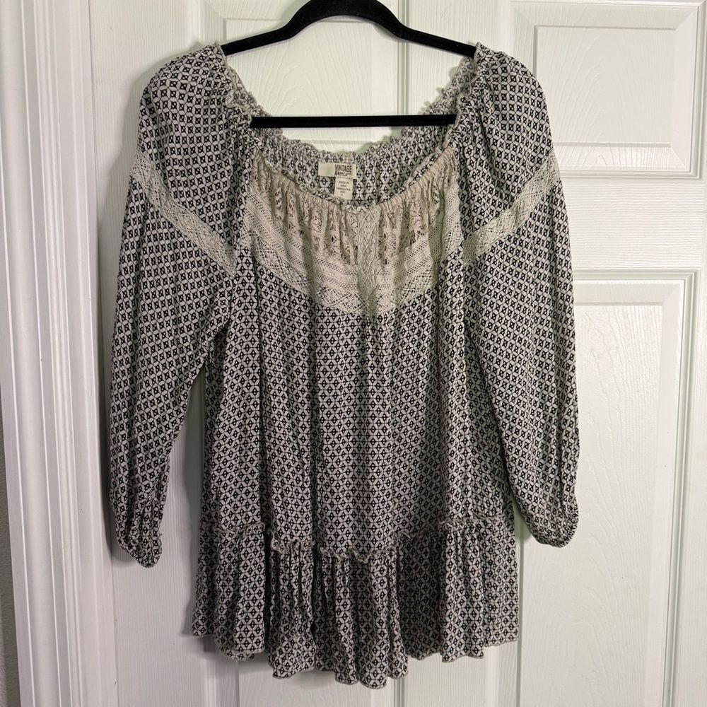 Vintage America Blues Women's Lagenlook Cream Blouse with Lace Details L - Picture 2 of 8